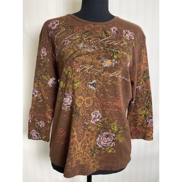 Studio Collection Rhinestones Novelty Parisian 3/4 Blouse Women's M Brown Y2K - Picture 4 of 9